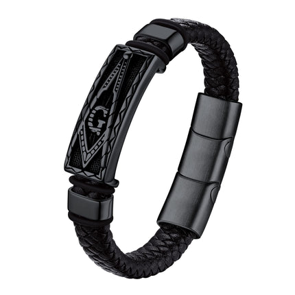 Bestyle Solid Black Freemason Symbol Masonic Leather Braided Bracelets for Men Vintage Cuff Bangle Bracelets Wrist Leather Band With Study Clasp