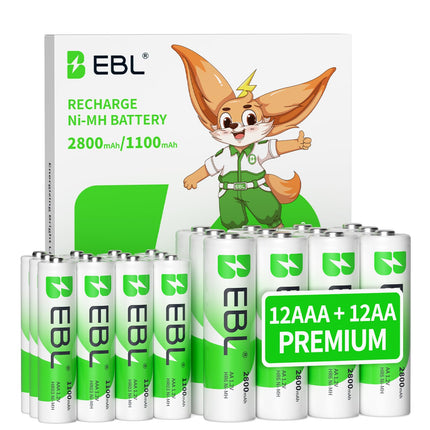 EBL 24 Sets AA AAA Batteries Combo with 12-Pack AA 2800mAh & 12-Pack AAA 1100mAh 1.2V Rechargeable Batteries