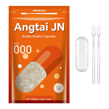 Angtai JN Empty Gelatin Capsules Size 000 Pill Gel Caps Pure Bovine Clear (500 Count) Gluten Free, Non-GMO, Halal Certified Filling Kit with 2 Spoons for DIY Your Own Supplements