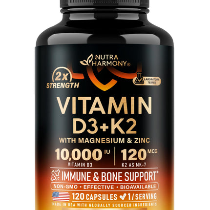 Vitamin D3 K2 - Vitamin D3 10000 iu & K2 as MK-7 120 mcg - Immune & Mood Support, for Bone & Teeth Health - with Magnesium, Zinc & Vitamin C & B12 - Highly Bioavailable - Gluten Free, 120 Capsules