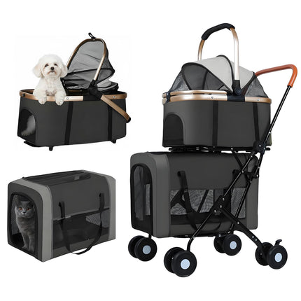 Beuway Double Pet Stroller for Dogs and Cats - Dog Stroller Foldable Travel Carriage with Detachable Carriers, Safety Belts, and 4 Lockable Wheels for Small to Medium Pets (Black)