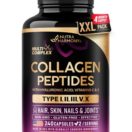 Multi Collagen Peptides - Hydrolyzed Types I, II, III, V & X - Collagen Supplement for Women 1300mg - w/ Hyaluronic Acid, Vitamins C & E - Skin, Hair, Nails & Joint Support - Made in USA, 240 Capsules