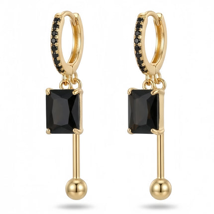 LisiZen 14K gold plated Black Zircon Dangle Earrings for Women – 2 Inch Rectangle Black Gold Drop Earrings, Minimalist Geometric Black Gold Earrings, Everyday Chic Black Gold Dangle Earrings
