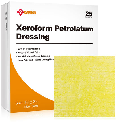Carbou Medical Xeroform Petrolatum Dressing 2"x2", 25 Pack, Non-Stick Gauze