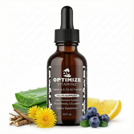 Optimize Vitaminz Liquid Vitamin D3 K2 Drops with Dandelion Root & Bilberry | Immune, Liver & Bone Support, MK-7 Formula, Fast Absorption Liquid Multivitamin, 30 Day Supply, 2 Fl Oz