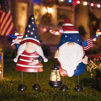 HONGLAND Solar Patriotic Gnomes Garden Stakes - 4th of July Decorations 25" American Flag Garden Gnomes Outdoor Decor for Outdoor & Memorial Day Yard Art 2 Pack