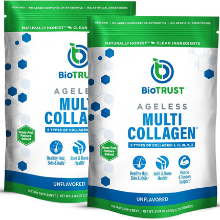 BioTrust Ageless Multi Collagen Peptides Powder - 5 Types (I, II, III, V, X) - Unflavored Collagen Powder for Women & Men - Hydrolyzed Protein - Grass Fed Beef, Fish, Chicken, Eggshell Membrane, 2-pk