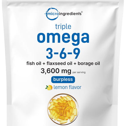 Ultra Omega 3-6-9 3600mg Per Serving, 300 Burpless Softgels | Lemon Flavor – Blend of Fish, Flaxseed, Borage Oils | Bioavailable Source, Non-GMO, No Gluten, Mercury Free