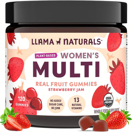 Llama Naturals Multivitamin for Women, Vegan, Organic Gummies with Vitamin D, C and K, Women's Real Fruit Gummy Vitamins, Chewable Multivitamin Supplement, No Added Sugar Cane, Strawberry, 120 Ct