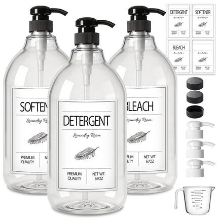 GMISUN Laundry Detergent Soap Dispenser, Plastic Liquid Laundry Detergent Dispenser, Container for Farmhouse Laundry Room Decor, Organizer for Liquid SoftenerBleach Heavy Duty Plastic Bottle(3 Pack)