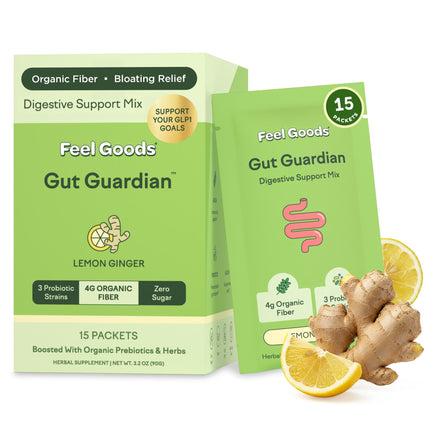 Feel Goods Gut Guardian, Gut Health Powder Packets - Probiotic Fiber Powder with Prebiotics & L Glutamine for Digestive Health, Bloating Relief & Digestion Support - Zero Sugar & Organic Flavor