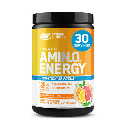 Optimum Nutrition Amino Energy Powder Plus Focus, with BCAA, Electrolytes, and Caffeine, Sunkissed Citrus, 30 Servings (Packaging May Vary)