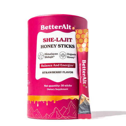 BetterAlt SHE-Lajit Strawberry Honeysticks|Shilajit for Women with Shatavari & Saffron for hormonal Balance & Energy Boost|Tasty Shilajit Honeysticks with Goodness of Pure Himalayan Shilajit|30 Sticks