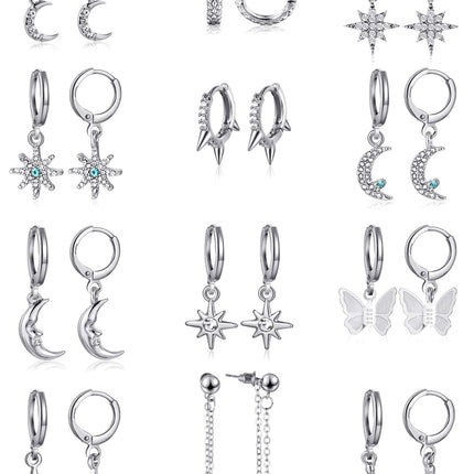Hicarer 12 Pairs Dangle Huggie Hoop Earrings Star Moon Charms Set,Silver