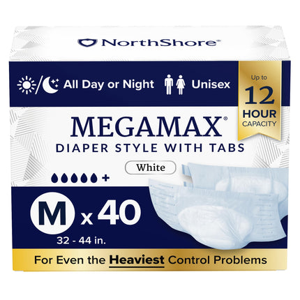 NorthShore MegaMax 12-Hour HBL Adult Diapers for Heavy Bladder Leaks, Medium, 40 Count, White, 32-44 inches, Tab-Style Incontinence Underwear for Men, Women & Teens