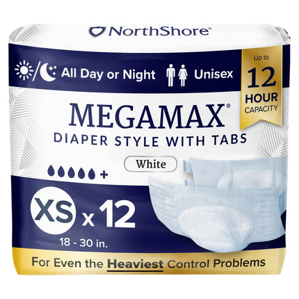 NorthShore MegaMax 12-Hour HBL Adult Diapers for Heavy Bladder Leaks, X-Small, 12 Count, White, 18-30 inches, Tab-Style Incontinence Underwear for Men, Women & Teens