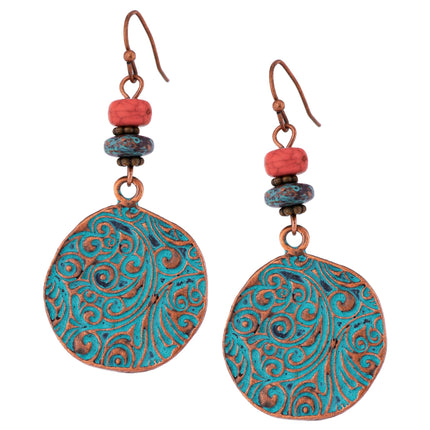 MINACHI Bohemian Engraved Circle Disc Dangle Drop Earrings with Bead Accents, Boho Hippe Jewelry Gift for Women
