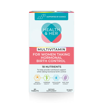 Health & Her Multivitamin Supplement for Women Taking Birth Control - Nutrition Support - 1 Month Supply, 60 Tablets - Vegan & Gluten Free