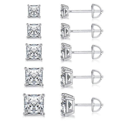 18K White Gold Plated Princess Cut Cubic Zirconia Screw Back Stud Earring Pack of 5 Pairs (5 Pairs)