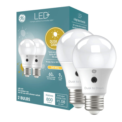 GE LED+ A19 Dusk to Dawn Outdoor Security Light Bulbs, Soft White, 2 Pack