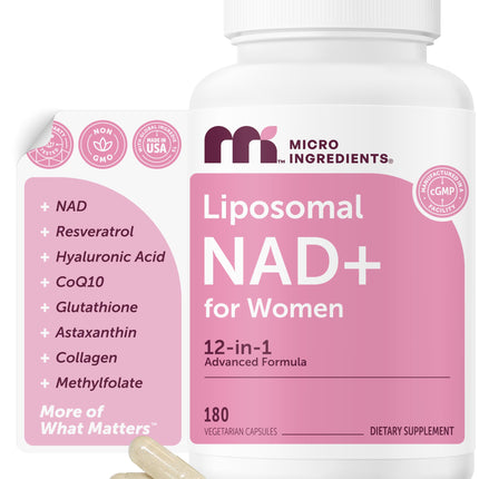 Micro Ingredients Liposomal NAD+ for Women Complex, 180 Veggie Capsules | NMN Pathway Supplement | 12-in-1 Advanced NAD Formula with Resveratrol, Hyaluronic Acid, Glutathione, & Collagen