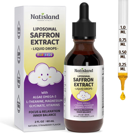 NATISLAND Liposomal Saffron Drops for Kids, Organic Saffron Extract Supplements with Holy Basil, Rosemary for Focus, Attention & Brain Support, Vegan, Alcohol-Free, Strawberry Flavor, 2 FL OZ