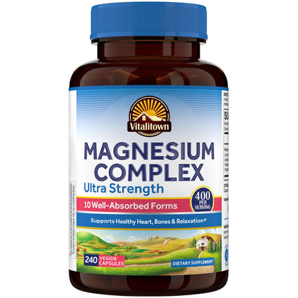 Vitalitown 10 in 1 Magnesium Complex Supplement - 400mg Elemental Magnesium Chelated with Glycinate, Citrate, Malate, Taurate & More - for Sleep Heart Energy, Non-GMO, Vegan, 240 Caps