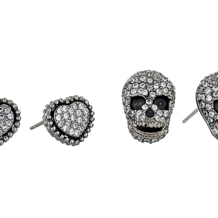 Betsey Johnson CZ Pave Heart & Skull Duo Set of Stud Earrings