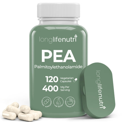 LongLifeNutri Palmitoylethanolamide (Pea) 400mg - 120 Vegetarian Capsules, Organic Supplement for Discomfort Management, 4-Month Supply, Lab Tested, Made in USA