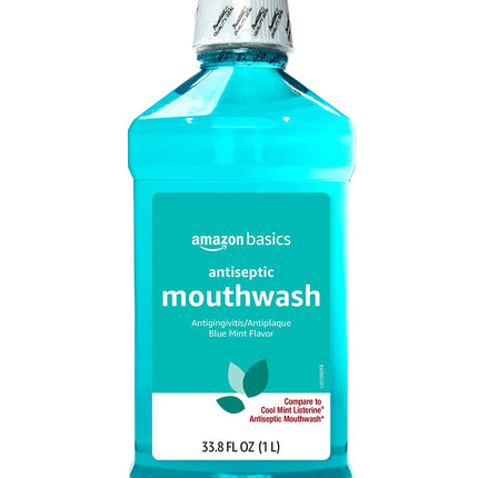Amazon Basics Antiseptic Mouthwash, Blue Mint, Fights Bad Breath, Plaque and Gingivitis, 1 Liter, 33.8 Fl Oz, 1-Pack (Previously Solimo)