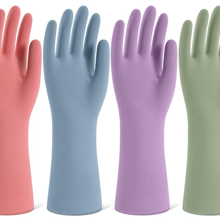 Rubber Cleaning Gloves for Dishwashing, 4 Pairs Reusable Kitchen Gloves for Washing Dishes and Household Cleaning, Colorful Dish Gloves with Flocked Lining and Non-Slip Grip, Pefect for Woman Men - S