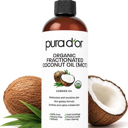 PURA D'OR USDA ORGANIC Fractionated Coconut Oil: Hair, Face 16oz