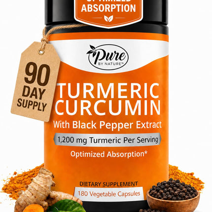 Pure By Nature Turmeric with Black Pepper Extract (90 Day Supply) 95% Curcuminoids, 1200 mg per Serving, Turmeric Curcumin Supplement Organic, High Absorption Antioxidant Support (180 Count)