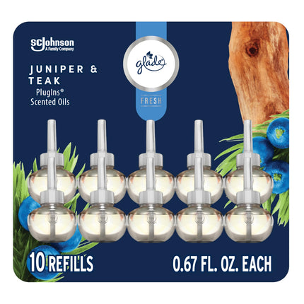 Glade PlugIns Refills Air Freshener, Juniper & Teak, Scented and Essential Oils for Home and Bathroom, 0.67 Fl Oz, 10 Count