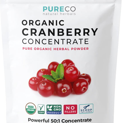 PURE CO USDA Organic Cranberry Concentrate Powder - Organic Cranberry Powder 500mg 50:1 Extract Per 1 Scoop Serving - Kidney Cleanse & Urinary Tract Support for Women - 100 Servings