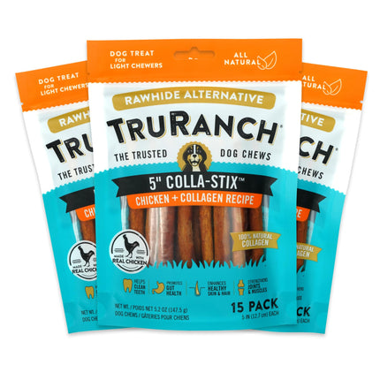 TRURANCH Collagen Sticks - 5" Collagen Sticks for Dogs - Long Lasting Healthy Joint Support - Rawhide Alternative - Skin & Coat Health - Made with Real Chicken, Value Pack, 3 Bags, 45 Count