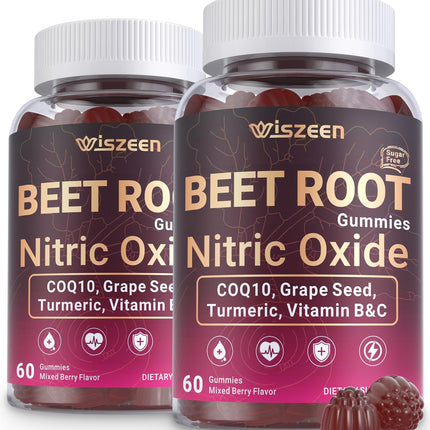 Wiszeen Beet Root Gummies, Nitric Oxide Supplements for Men & Women with COQ10, Turmeric Extract, Vitamin C & B12, Vegan, Non-GMO, Sugar Free, 120 Cts