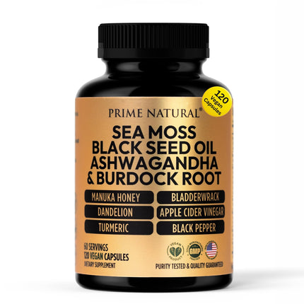 PRIME NATURAL Sea Moss 300mg Black Seed Oil 200mg Ashwagandha 100mg Turmeric Bladderwrack Burdock Manuka Honey Dandelion ACV - 120 Capsules | 60 Days Supply | Vegan