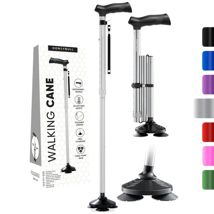 HONEYBULL Walking Cane for Men & Women Foldable, Adjustable, Heavy Duty, Free Standing, All Terrain, Collapsible Walking Sticks for Seniors & Adults (Silver)