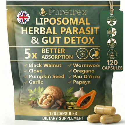 PURETREX Liposomal Herbal Parasite Cleanse for Humans, 9 Herb Wormwood Black Walnut Clove Formula, Gut Detox with Pumpkin Seed Garlic Oregano PAU D'Arco Papaya, 120 Vegan Capsules