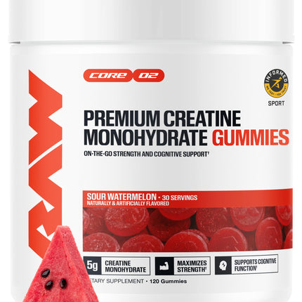 RAW Nutrition Creatine Gummies, Sour Watermelon, 5g Creatine Monohydrate, Supports Strength & High-Intensity Performance, No Mixing Chewable Pre/Post Workout Supplement, 120 Gummies (30 Servings)