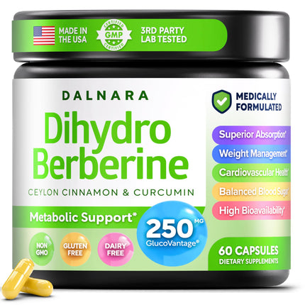 Dihydroberberine Extract, 250 mg GlucoVantage | DHB Supplement, Dihydroberberine Capsules, Berberine DHB, Metabolic Wellness, Balanced Energy, Dihydroberberine with Ceylon Cinnamon, Non-GMO, 60 Count