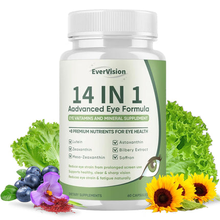 EVERVISION 14 in 1 Advanced Eye Formula, Eye Vitamin and Mineral Supplement with Zinc, Lutein, Zeaxanthin & Bilberry Extract, 60ct