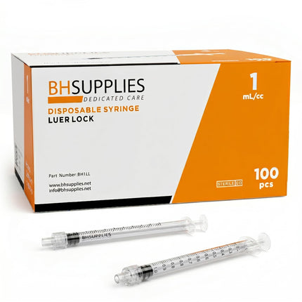 BH Supplies 1ml Luer Lock Tip Syringes (No Needle) - Sterile, Individually Wrapped - 100 Syringes