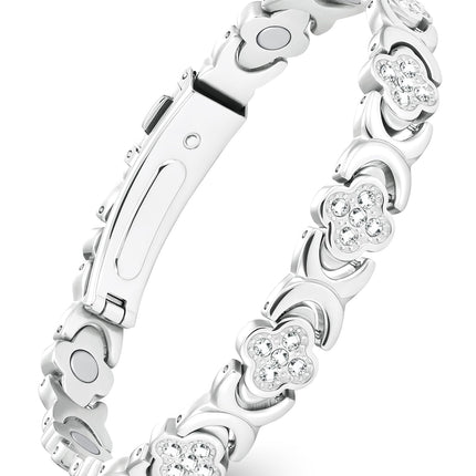 Feraco Pure Copper Bracelets for Women, Ultra Strength Magnetic Bracelet with 3800 Gauss Magnets & Sparkling Zirconia, Adjustable, Infinite Clover Jewelry (Silver)
