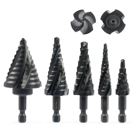 Step Drill Bit Set, 5PCS Four Spiral Flute Step Bits for Metal, 50 Sizes Titanium-Coated HSS Drill Bits with 1/4" Hex Shank for Stainless Steel Aluminum Wood Plastic