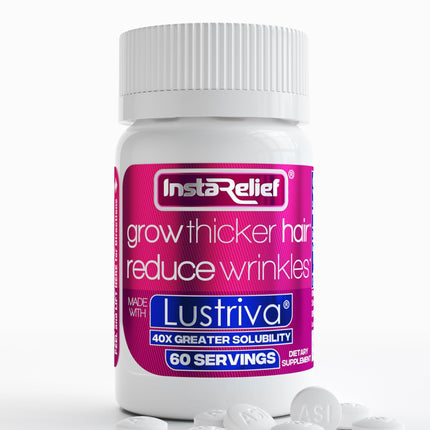 InstaRelief® Hair Growth with Lustriva® - Clinically Shown to Grow Thicker, Healthier Hair in 3 Weeks, Reduce Wrinkles and Fine Lines, with Biotin, Silicon, and Arginine, 60 Tablets