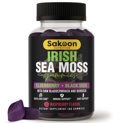 Sakoon nutrition Irish Sea Moss Gummies with Elderberry & Black Seed Oil - Raspberry Flavor - 60 Gummies