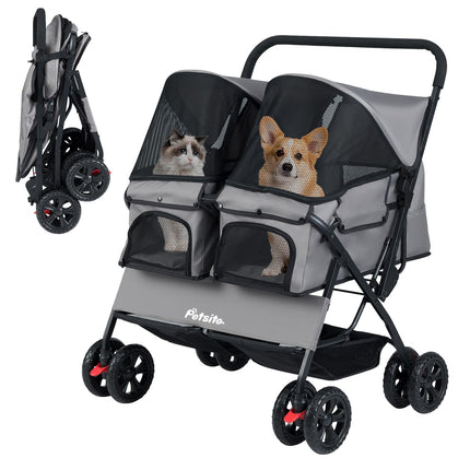 PETSITE Double Pet Stroller, Foldable Double Dog Stroller with 2-Seater Carrier, Adjustable Sunshade, Removable Pad, Safety Belt, Storage Basket, 4-Wheel Pet Travel Cart for 2 Puppies & Cats (Grey)