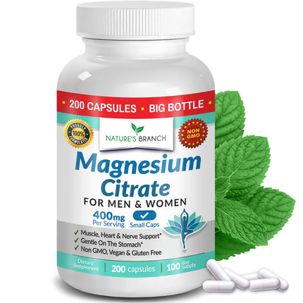 Magnesium Citrate Supplement for Sleep, Relaxation & Muscle Support – 400mg High Absorption Magnesium Capsules for Women & Men – Vegan, Non-GMO, Easy to Swallow Small Capsules – 200 Capsules